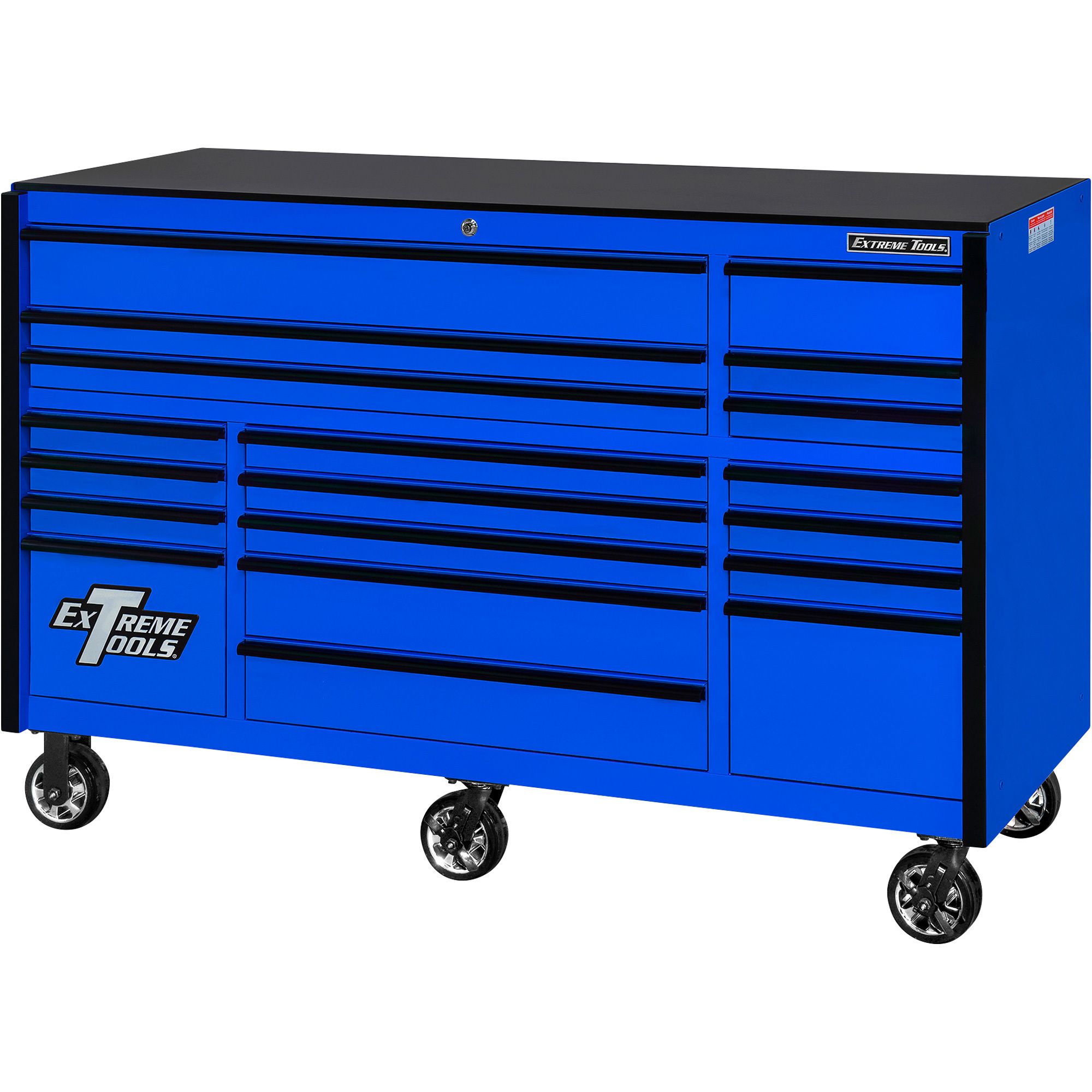 Extreme Tools 19-Drawer Roller Cabinet - 72in.W x 25in.D, Heavy-Duty Steel, Blue/Black, Model# RX722519RCBLBK-X